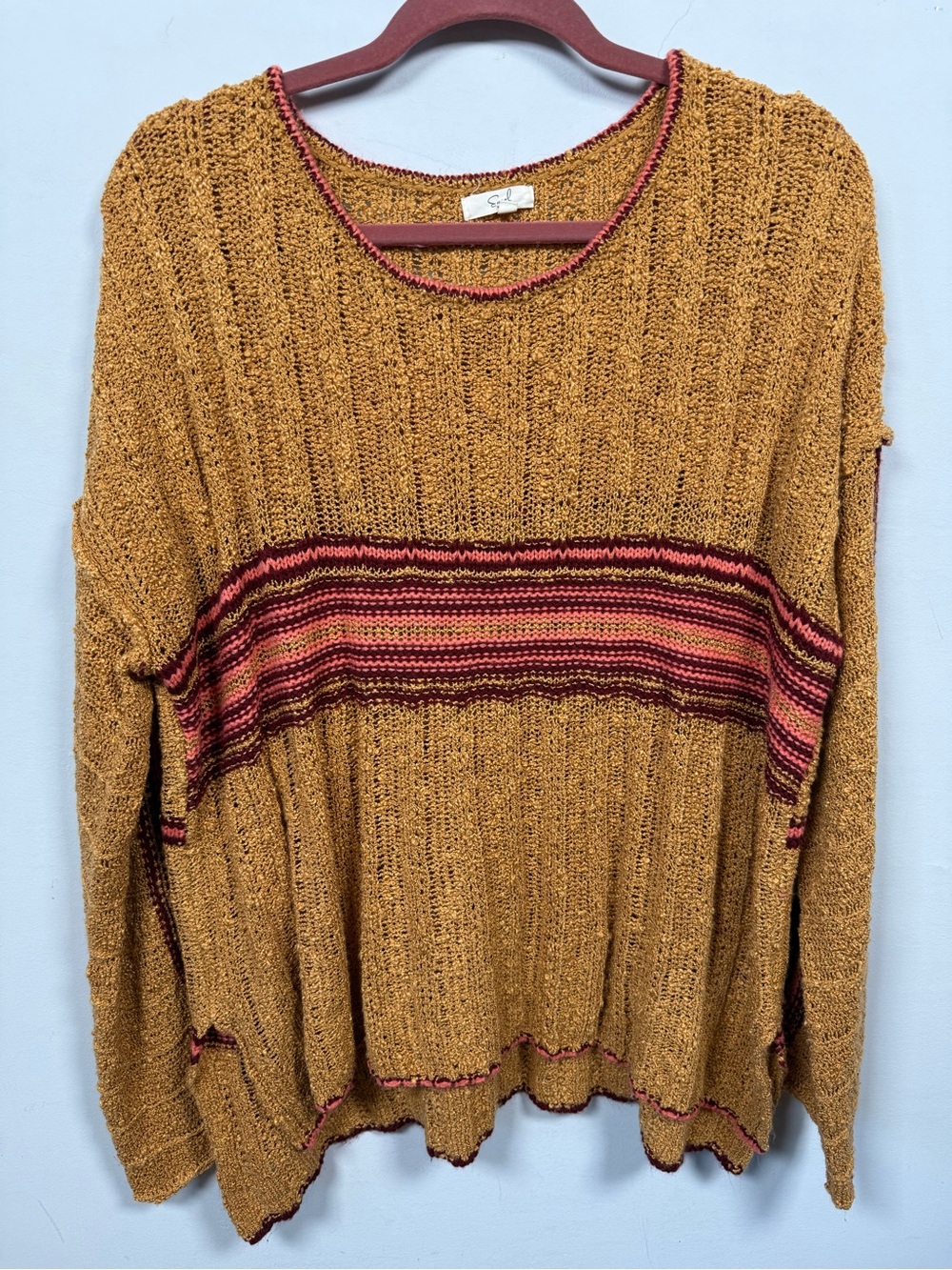 Easel Los Angeles Boho Open Knit Boxy Striped Sweater Mustard Orange Size L